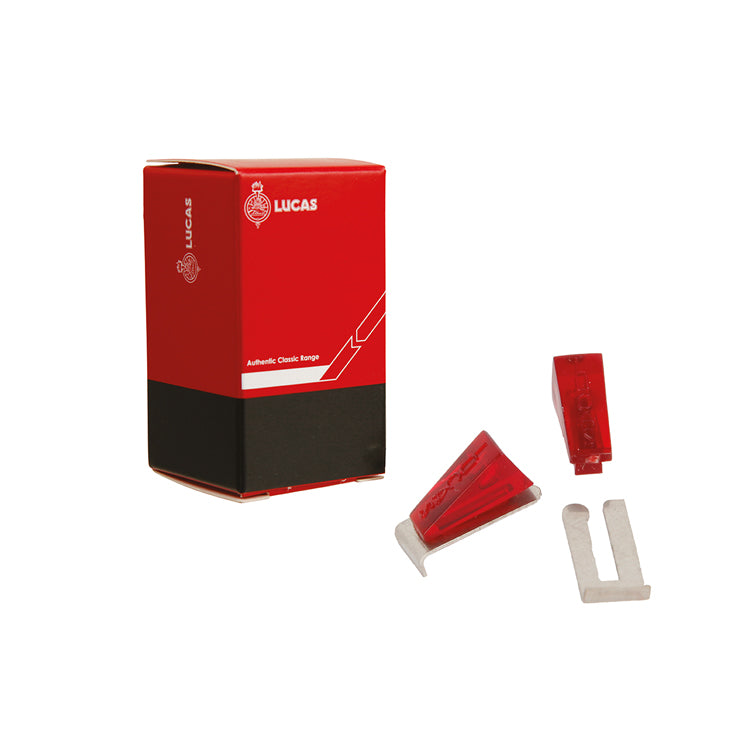 Lucas Tell Tale Lens & Clip Kit - 2 of each red lens - With "Lucas" embossed script.