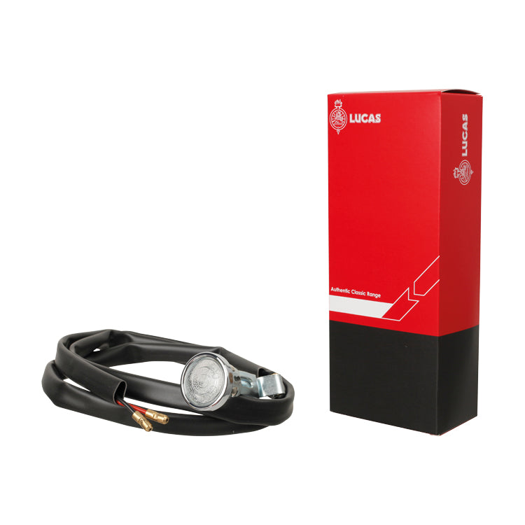 Lucas L490 front side lamp assembly with chrome rim and lens - with wiring pigtail and insulation.