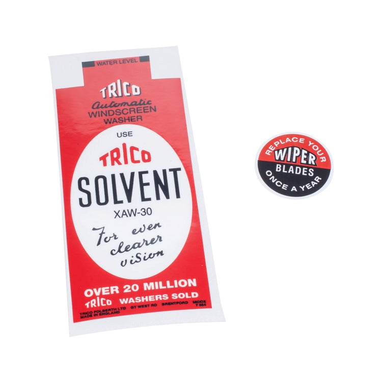 Trico Windscreen Washer Bottle Stickers, Trico Windscreen Washer Bottle Stickers. Contains 1X "Replace Your Wiper Blades Once A Year" 1 X " Use Trico Solvent. 6Oz Bottle Xaw-30. For Ever Clearer Vision"