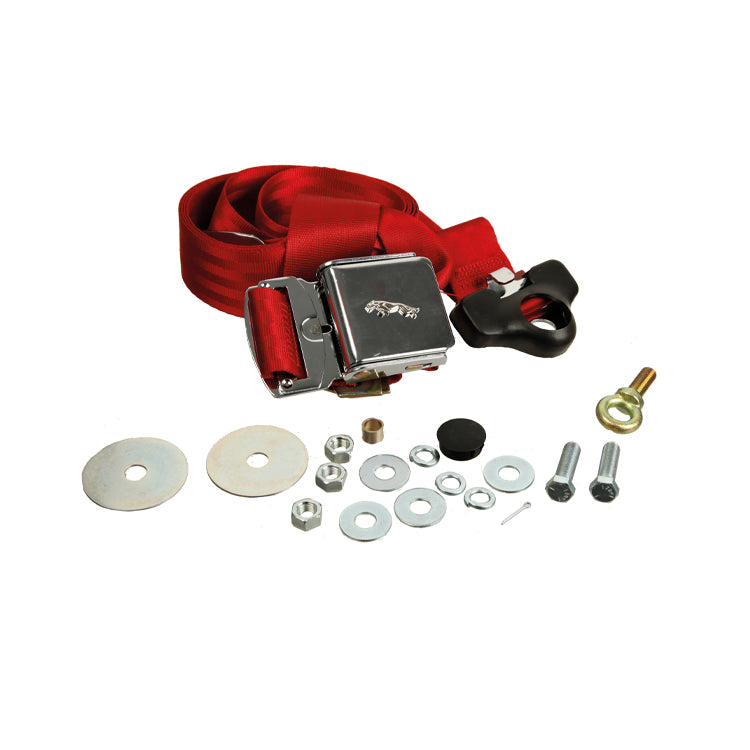 Red 3 Point Fixing Seat Belt, A Period Style Belt With Chrome Lift Buckle And Chrome Leaping Cat Motif Suitable For The Front Only. These Will Fit Roadster Cars Only.