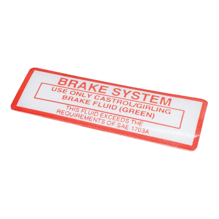 Brake System Decal, Brake System Decal - On Heater Box - Text "Brake System - Use Only Castrol/ Girling Brake Fluid (Green)"