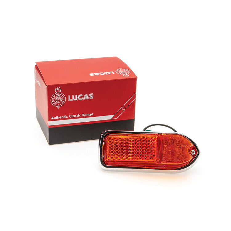 Lucas L824 LH front side marker lamp, deep lens, Amber, with drain hole. Jaguar E-type S2 and S3