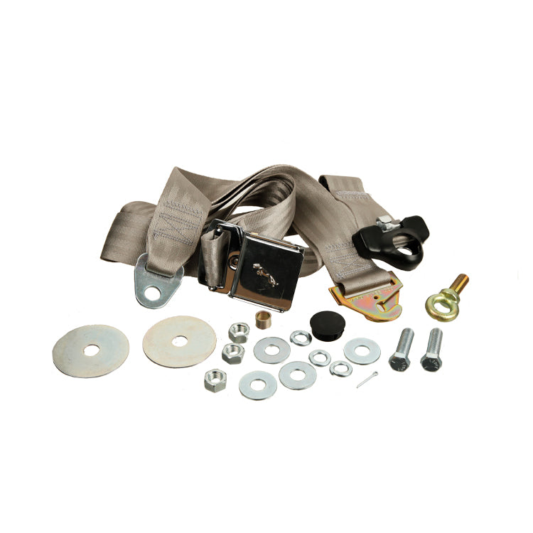 Static Seat Belt 3 Point Fixing - Grey, Period Looking Lap Style Seat Belt With Chrome Release Flap And Leaper Emblem, Grey Webbing - Supplied Individually, Ie One Per Seat. These Will Fit Roadster Cars Only.