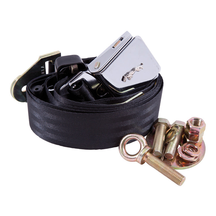 Black 3 Point Seatbelt, Chrome Lift Buckle And Chrome Leaping Cat Motif Suitable For The Front Only. Will Only Fit Roadster Models.