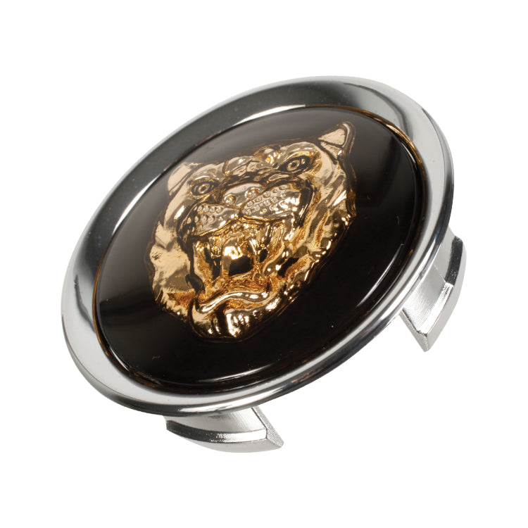 Road Wheel Centre Badge - Gold/Black, Road Wheel Centre Badge - Chrome Rimmed, Gold Growler Head Logo On A Black Background.