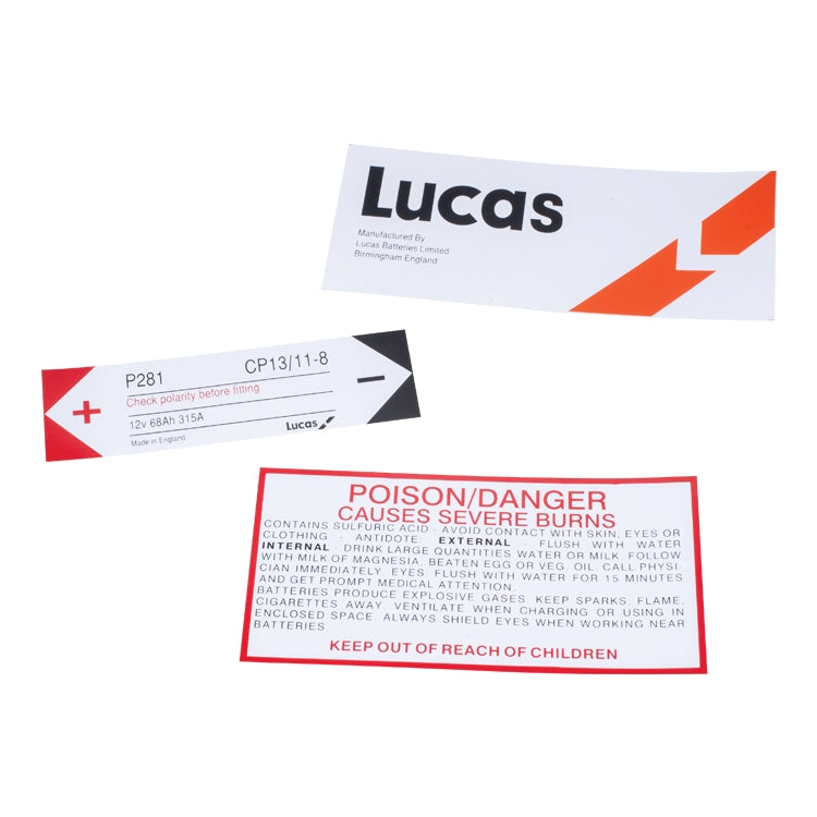 Battery Decal Set, Battery Decal Set - A Set Of 3 Battery Decals, "Lucas", Polarity Check & Hazardous Information