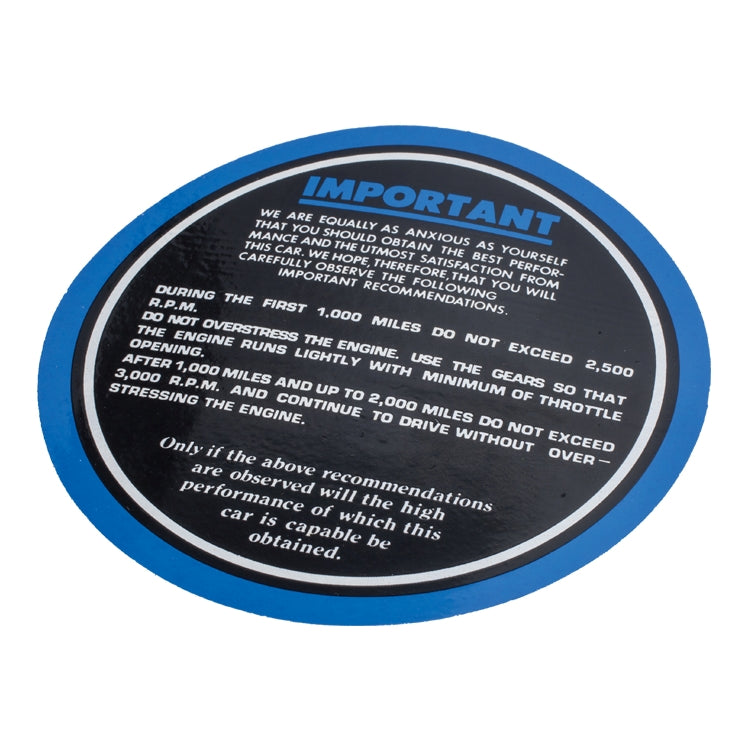 Running In Windscreen Sticker - Blue, Running In Windscreen Sticker - Blue, With Jaguar "Winged" Motif On Front And Instructions On Reverse.