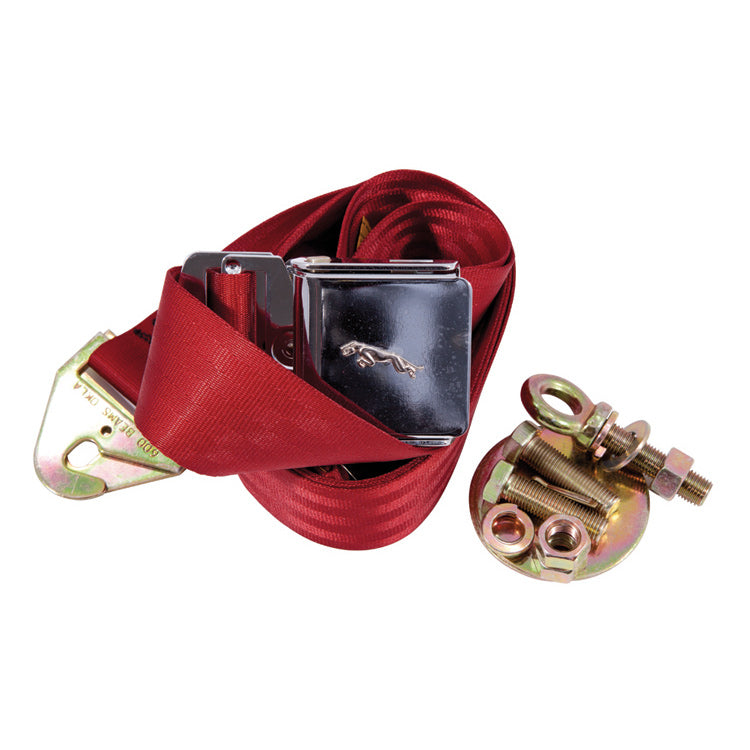 Red 3 Point Fixing Seat Belt, A Period Style Belt With Chrome Lift Buckle And Chrome Leaping Cat Motif Suitable For The Front Only. These Will Fit Roadster Cars Only.
