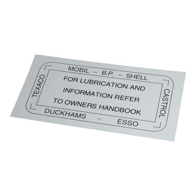 Recommended Lubrication Sticker, Recommended Lubrication Decal. Mounted On Air Cleaner