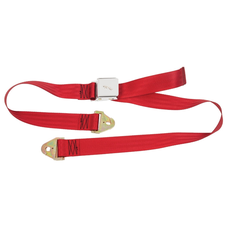 Red 2 Point Seatbelt, A Period Style Lap Belt With Chrome Lift Buckle And Chrome Leaping Cat Motif Suitable For The Front And Rear. Red In Colour.