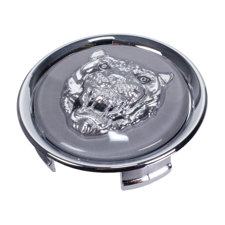 Road Wheel Centre Badge - Silver/Grey, Road Wheel Centre Badge - Chrome Rimmed, Silver Growler Head Logo On A Grey Background.