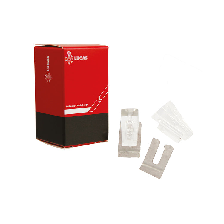 Lucas Tell Tale Lens & Clip Kit - 2 of each clear lens - With "Lucas" embossed script .