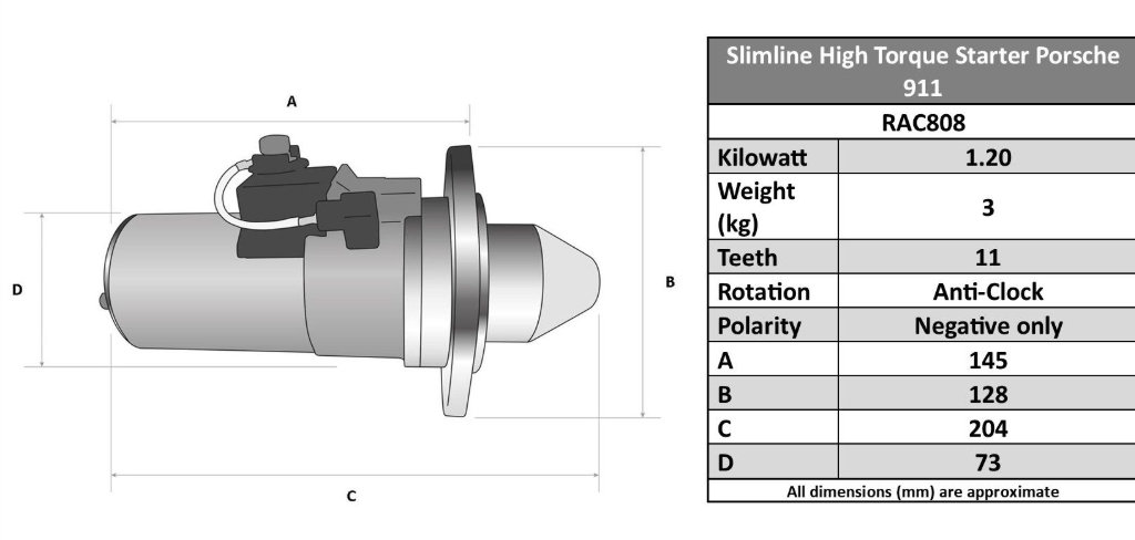 Porsche 911 1963-1989 (912,914,930,959) RAC808 Slimline High Torque Starter Motor