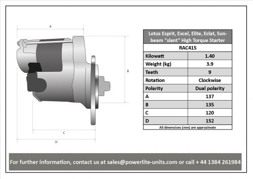 RAC415 Lotus Esprit Excel Elite Slant High Torque Starter Motor