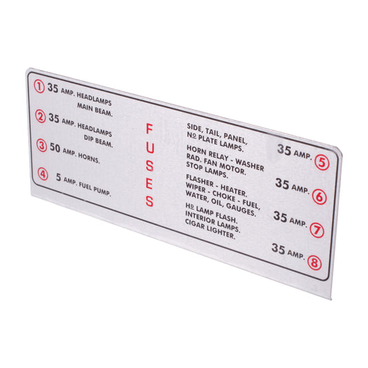 Fuse Indicator Plate, Fuse Indicator Legend Panel For 6 Cylinder E Type