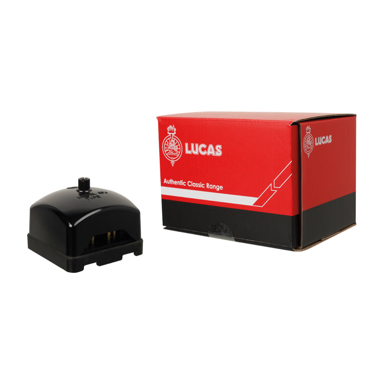 Lucas Fuse box SF4, complete with cover. Raised Lucas wheel and flambeau logo on the top