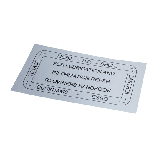 Recommended Lubrication Sticker, Recommended Lubrication Decal. Mounted On Air Cleaner