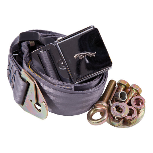 Static Seat Belt 3 Point Fixing - Grey, Period Looking Lap Style Seat Belt With Chrome Release Flap And Leaper Emblem, Grey Webbing - Supplied Individually, Ie One Per Seat. These Will Fit Roadster Cars Only.