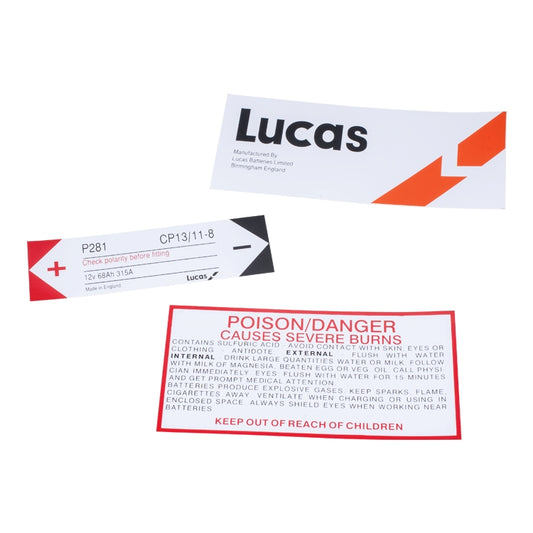 Battery Decal Set, Battery Decal Set - A Set Of 3 Battery Decals, "Lucas", Polarity Check & Hazardous Information