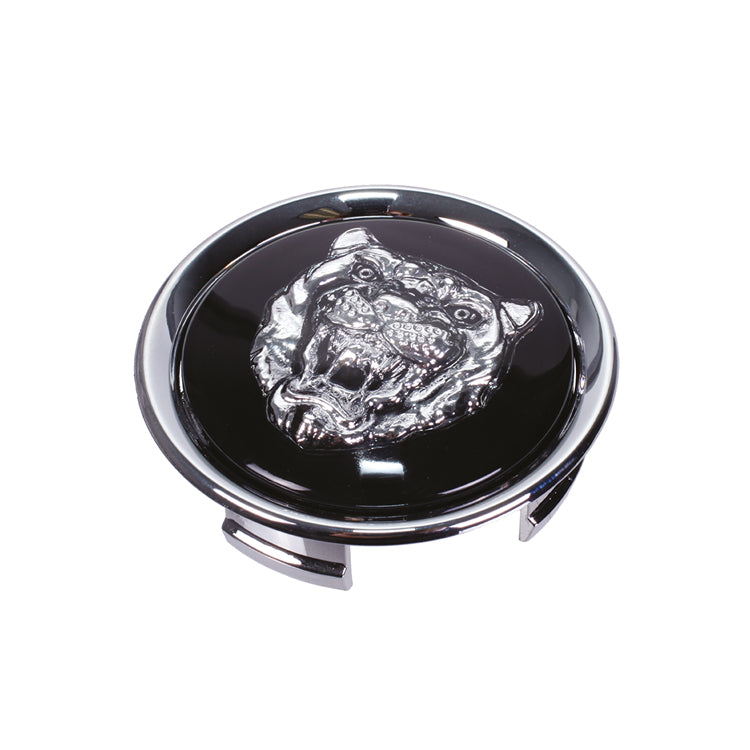 Road Wheel Centre Badge, Road Wheel Centre Badge - Chrome Rimmed, Silver Growler Head Logo On A Black Background.