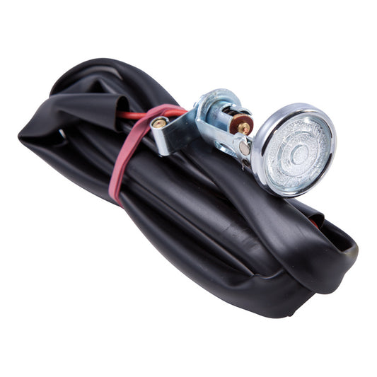 Lucas L490 front side lamp assembly with chrome rim and lens - with wiring pigtail and insulation.